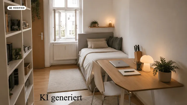 Helles Schlafzimmer mit Einzelbett, modernem Schreibtisch und Bücherregal, ideal für Studenten oder Gäste.