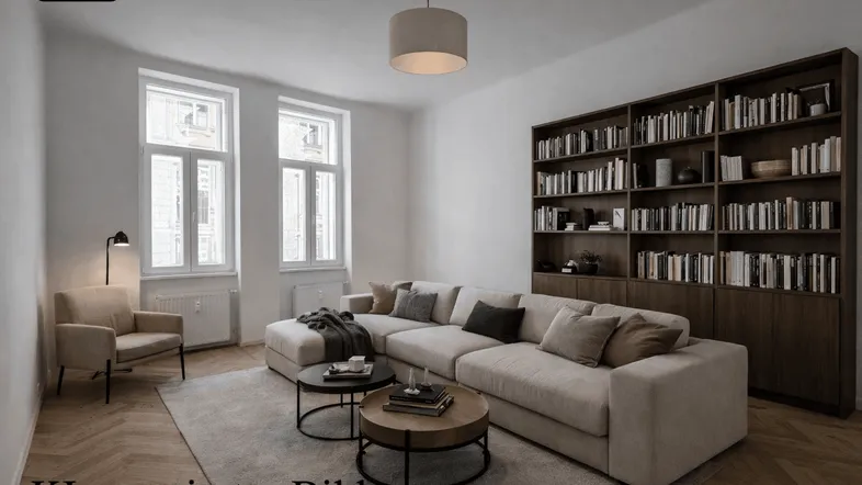 KI-bearbeitet – Helles, modernes Wohnzimmer mit Leseecke