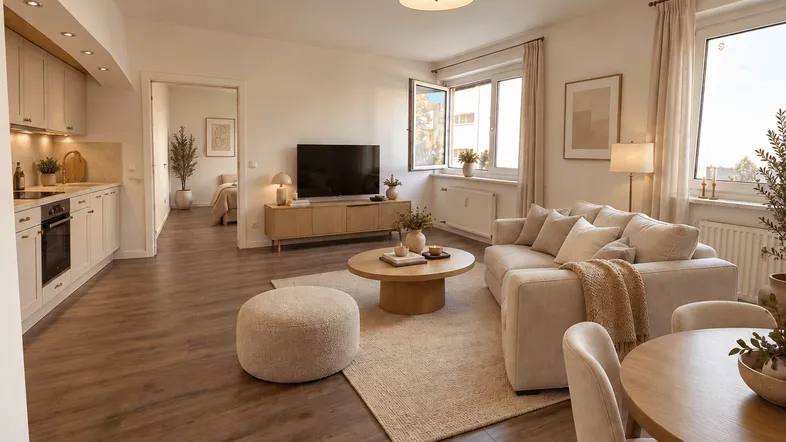 Helles, offenes Wohnzimmer mit Essbereich und integrierter Küche, ausgestattet mit modernem Laminatboden.