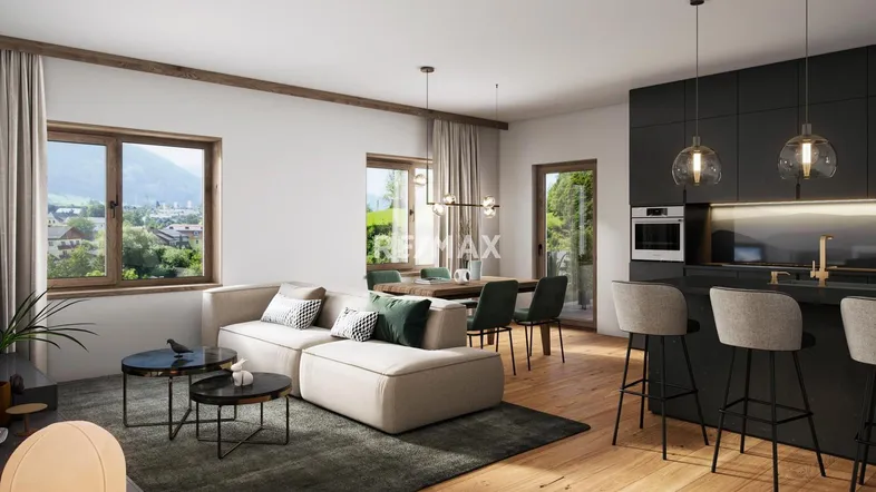 Moderner offener Wohn-Essbereich mit Kücheninsel, Holzboden und Bergblick durch große Fenster.