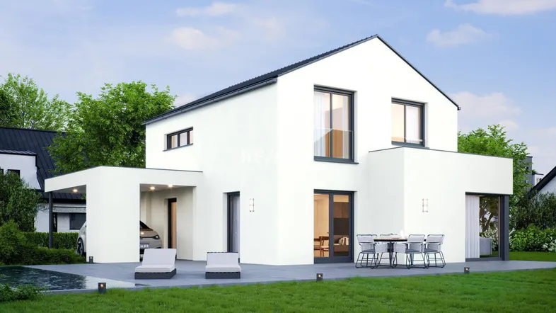 Moderne Architektur mit weißer Fassade, großer Terrasse, kleinem Pool und überdachtem Carport.