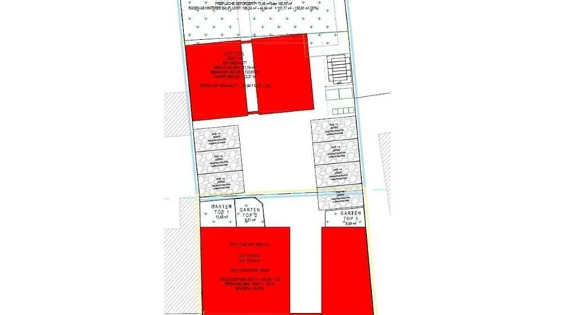 Grundrissplan mit mehreren Wohneinheiten, Gärten und hervorgehobenen Bereichen für eine detaillierte Übersicht.