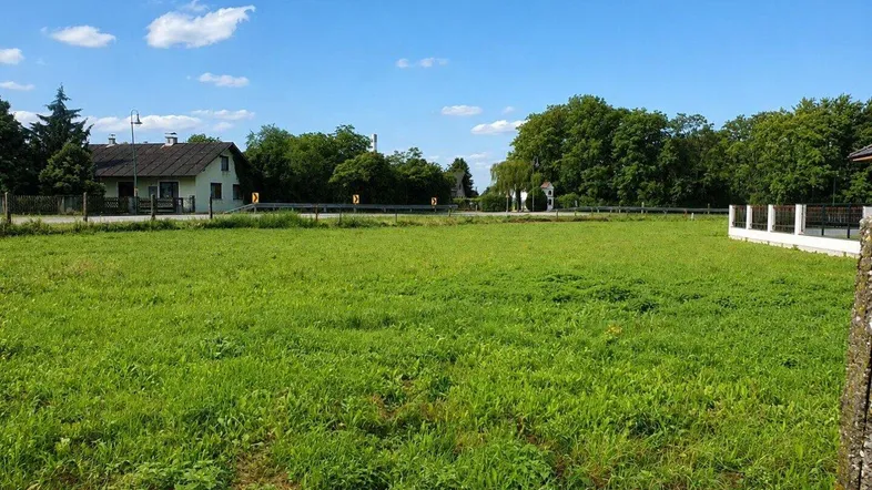 Großes grünes Grundstück mit weitem Blick und umgebender Natur unter blauem Himmel.