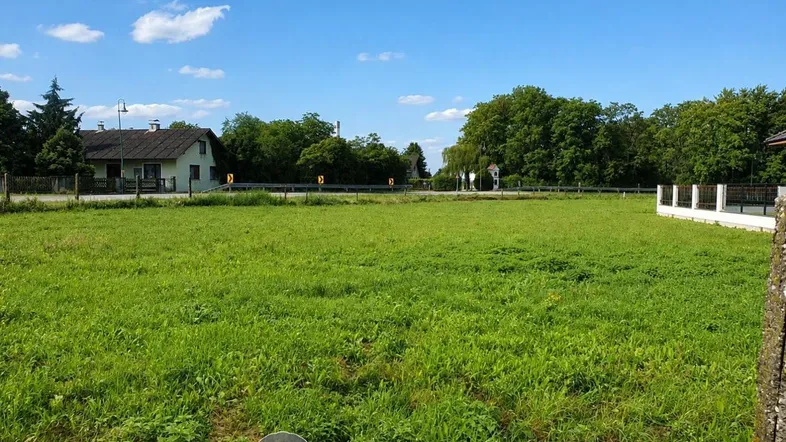 Weitläufiges grünes Grundstück mit ländlicher Umgebung und klarem blauen Himmel.