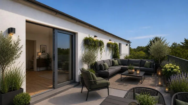 Geräumige Dachterrasse mit bequemen Lounge-Möbeln, Pflanzen und Blick ins Grüne.