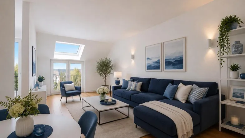Helles Wohn- und Esszimmer mit modernem blauen Sofa, Holzboden und Zugang zum Balkon.