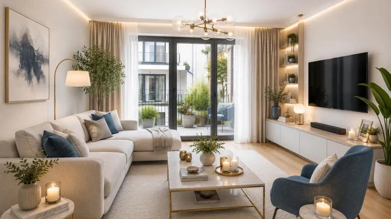 Helles Wohnzimmer mit beigem Ecksofa, modernem Couchtisch und Zugang zum Balkon.