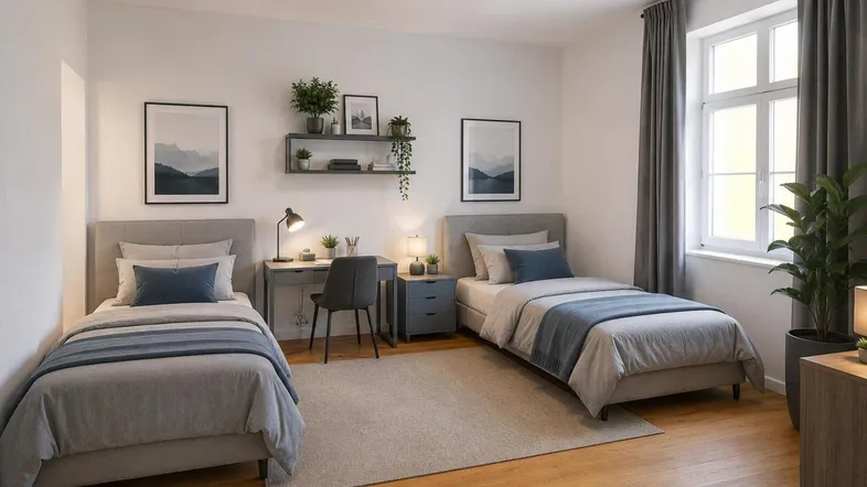 Helles Schlafzimmer mit zwei Einzelbetten, Schreibtisch und Blick nach draußen durch das Fenster.