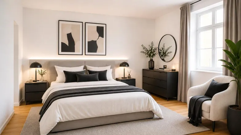 Modernes Schlafzimmer mit Doppelbett, Nachttischen und stilvoller Dekoration in hellen Farbtönen.