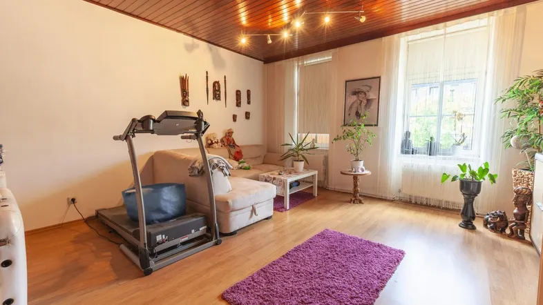 Helles Wohnzimmer mit Holzbalkendecke, Parkettboden und einem Laufband für Fitness.
