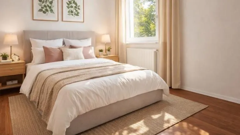 Helles Schlafzimmer mit Holzboden, beigem Teppich und Blick ins Grüne durch das Fenster.