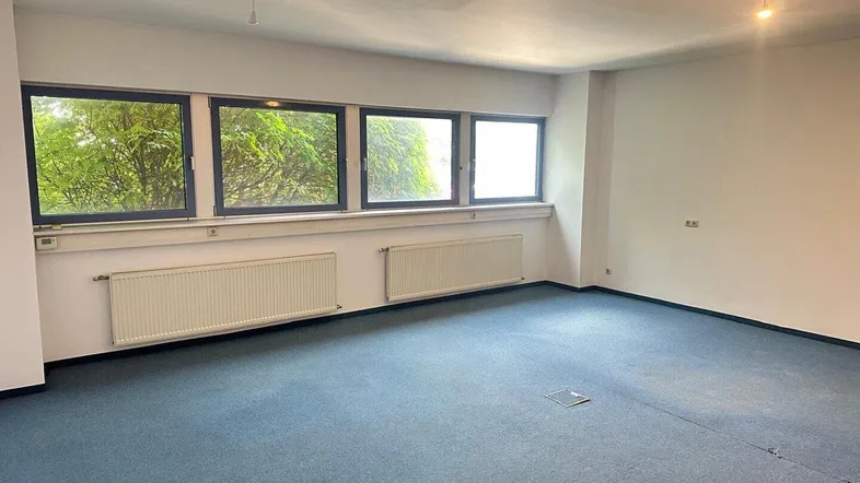 Geräumiges, leeres Büro mit blauem Teppichboden, weißen Wänden und Fenstern mit Blick ins Grüne.