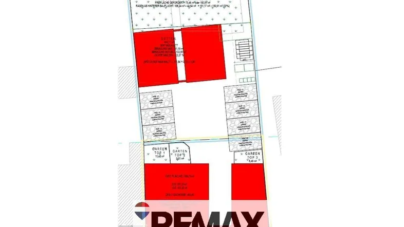 Lageplan mit mehreren Wohneinheiten, Gärten, Terrassen und Parkplätzen.