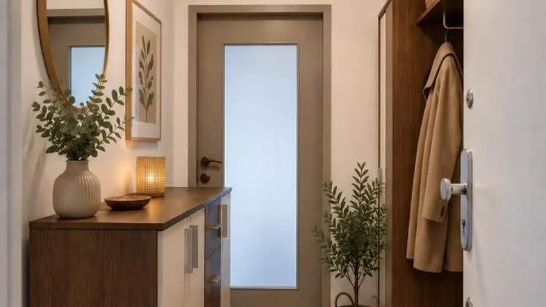 Modern eingerichteter Flur mit Garderobe, Spiegel und Ablagefläche für einen einladenden Eingangsbereich.