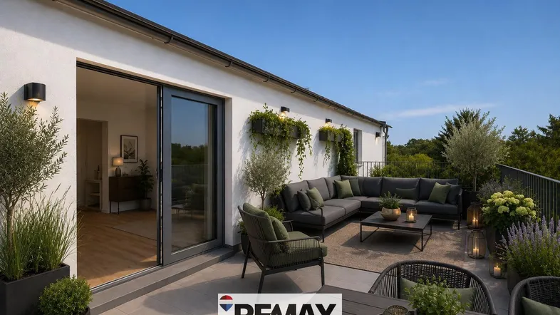 Geräumige Dachterrasse mit moderner Lounge-Möblierung, Pflanzen und Blick ins Grüne.