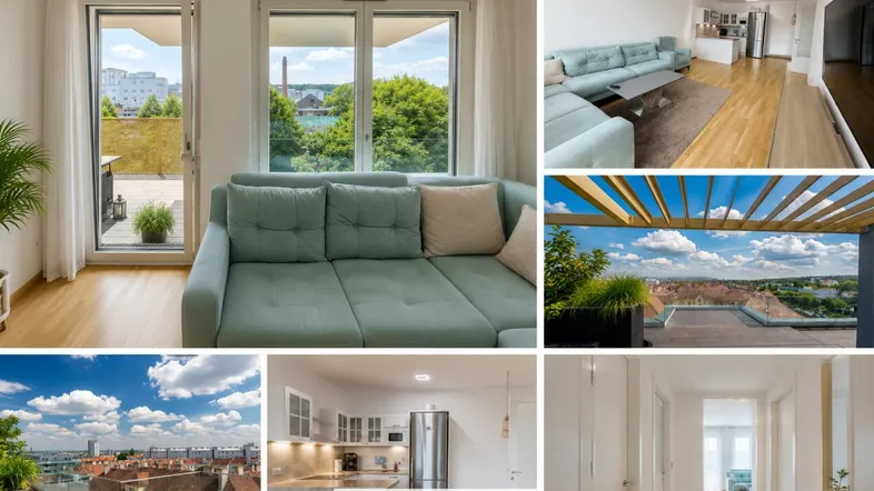 Collage aus Wohnzimmer mit Balkonzugang, Küche, Flur und Dachterrassenansichten der Immobilie.