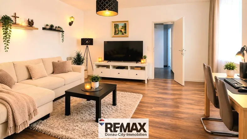 Helles Wohnzimmer mit Holzboden, beigem Ecksofa und einem integrierten Arbeitsbereich.