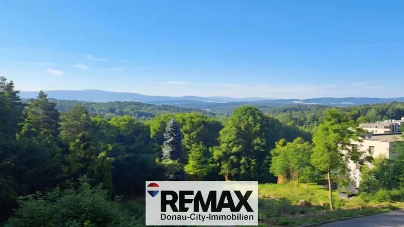 Weitläufiger Panoramablick über eine grüne Landschaft mit Wäldern und fernen Hügeln unter blauem Himmel.