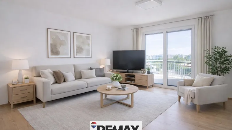 Helles, modern eingerichtetes Wohnzimmer mit Zugang zum Balkon und Stadtblick.