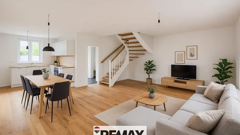Heller offener Wohn- und Essbereich mit integrierter Küche und eleganter Holztreppe.