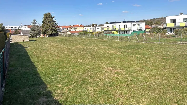 Großes, sonniges Grundstück mit Rasenfläche und Blick auf umliegende Gebäude.