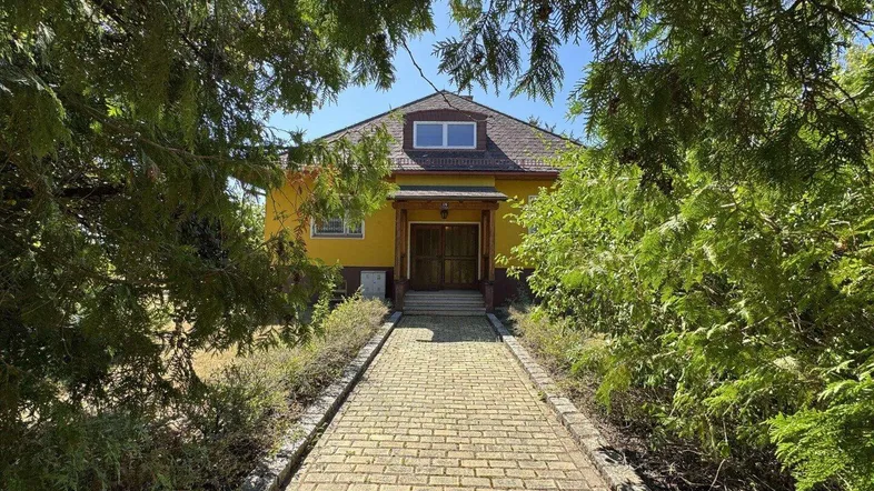 Frontansicht des Hauses mit gepflastertem Weg und umgebender Bepflanzung unter blauem Himmel.