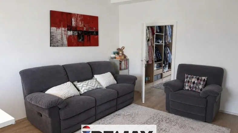Gemütliches Wohnzimmer mit grauem Sofa, Sessel und offenem Kleiderschrank.