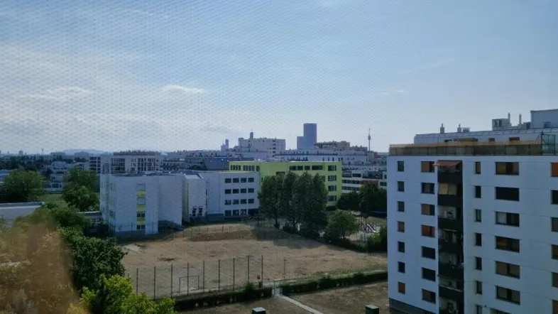 Blick aus dem Fenster auf die umliegende Wohngegend mit Grünflächen und weiteren Gebäuden.