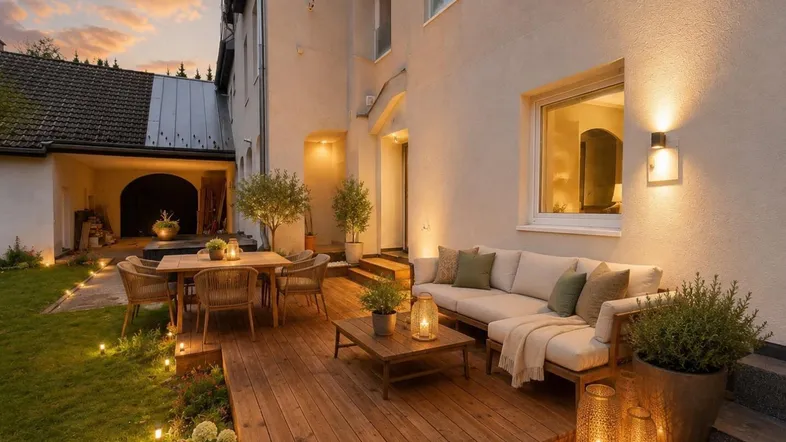 Beleuchtete Holzterrasse mit gemütlicher Sitzgruppe und Essbereich im Abendlicht.