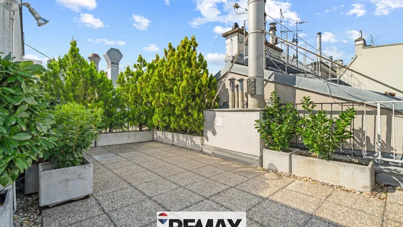 Geräumige Dachterrasse mit Pflanzen und Blick auf die umliegenden Dächer der Stadt.