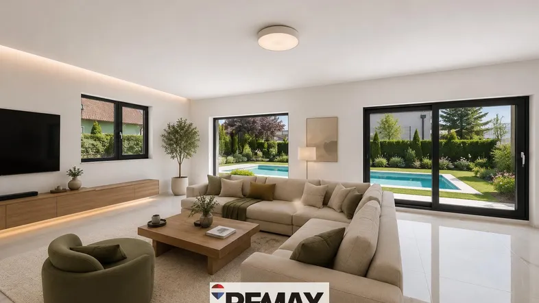 Helles Wohnzimmer mit großem Sofa, Blick auf den Garten und den Pool.