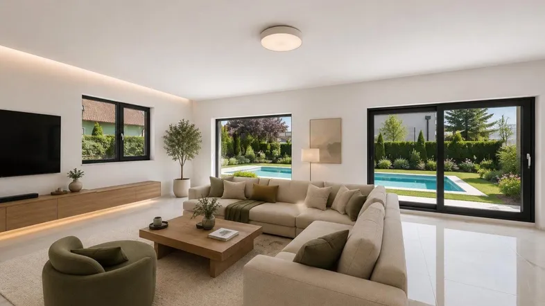 Modernes Wohnzimmer mit beigem Sofa, Holztisch und Blick auf den Garten mit Pool.