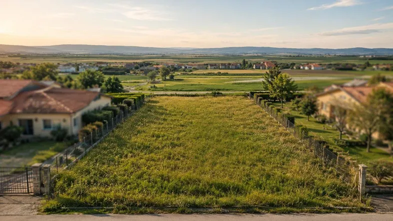 Weitläufiges Grundstück mit grüner Wiese, umgeben von Hecken und Häusern, mit Fernblick auf die Landschaft.