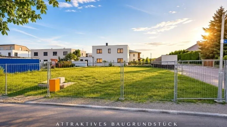 Attraktives Baugrundstück mit sonnigem Himmel und modernen Häusern im Hintergrund, ideal für ein neues Zuhause.