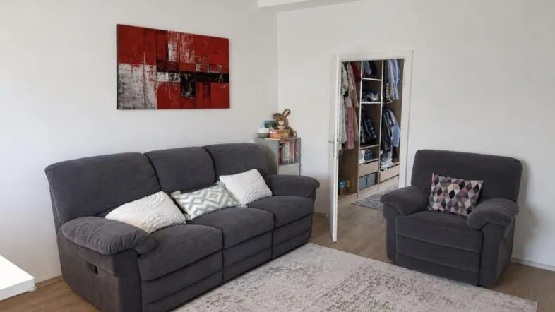 Gemütliches Wohnzimmer mit dunklem Sofa, Teppich und offenem Kleiderschrank für zusätzlichen Stauraum.