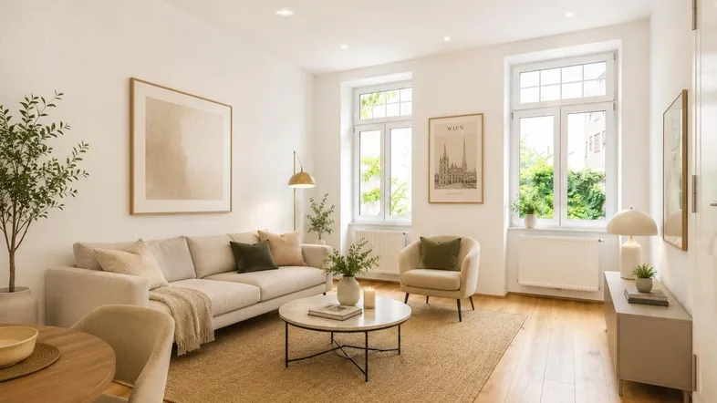 Modernes Wohnzimmer mit Holzboden, beigem Sofa und großen Fenstern mit Blick ins Grüne.