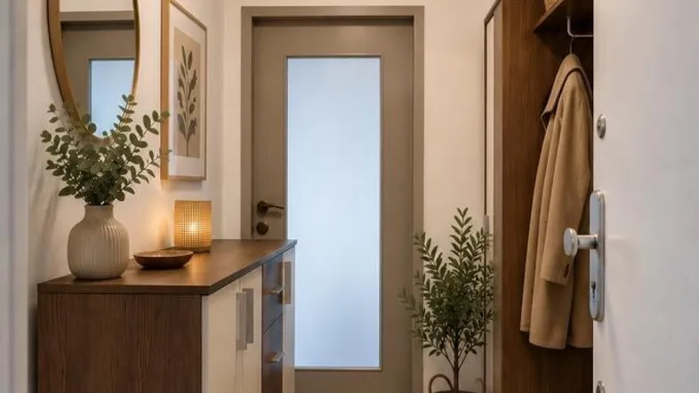 Heller Eingangsbereich mit moderner Kommode, Spiegel und Garderobe, einladend gestaltet.