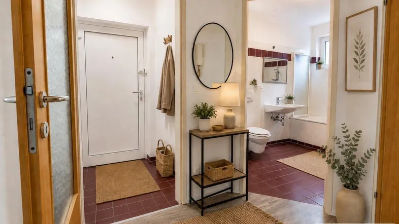 Freundlicher Eingangsbereich mit Garderobe und Blick in ein Badezimmer mit Badewanne.