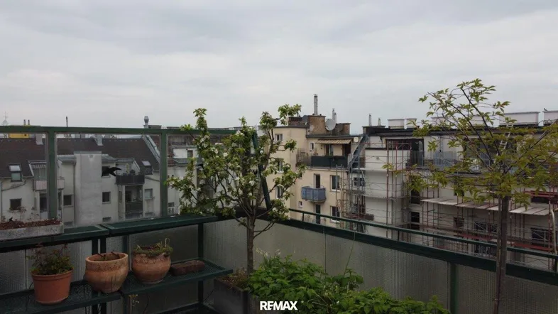 Balkon mit Pflanzen und Blick über die Dächer der Stadt unter bewölktem Himmel.