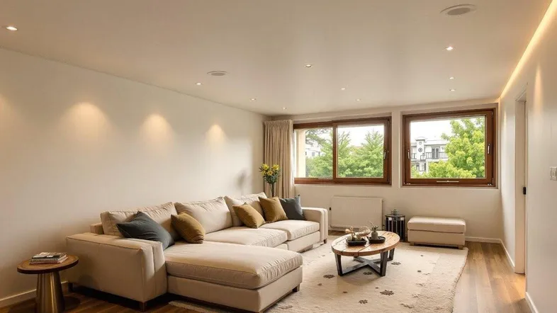 Helles Wohnzimmer mit beigem Ecksofa, Holzboden und Blick ins Grüne durch große Fenster.