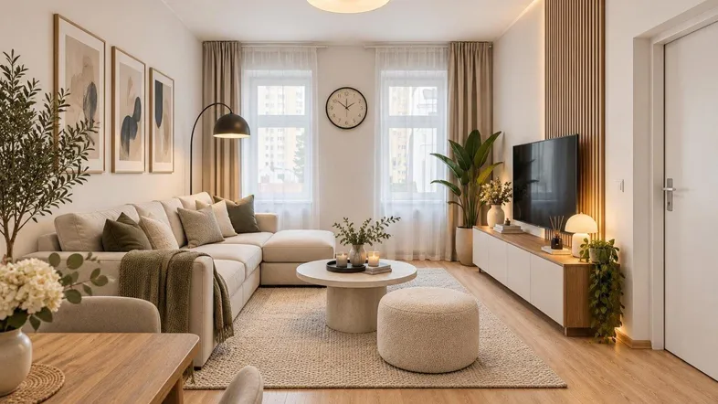 Modernes Wohnzimmer mit beigem Ecksofa, Holzboden und stilvoller Dekoration.