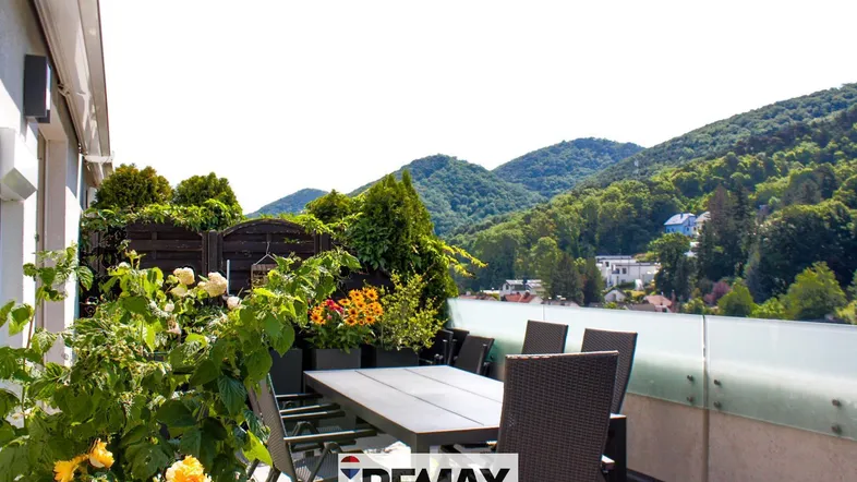Große Terrasse mit Esstisch, Pflanzen und weitem Blick auf die umliegenden grünen Hügel.