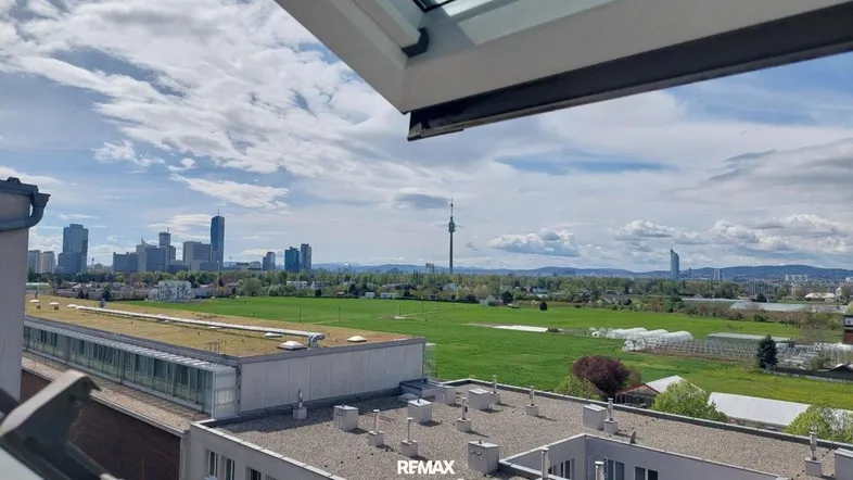 Weitblick über die Stadt Wien mit Donauturm und grünen Feldern unter bewölktem Himmel.