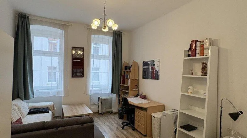 Helles Wohnzimmer mit Schlafbereich, Schreibtisch und Laminatboden.