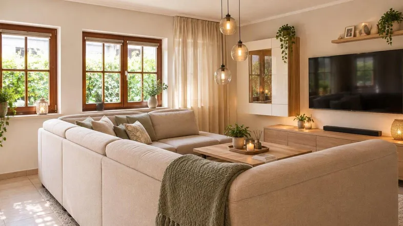 Gemütliches Wohnzimmer mit großem Ecksofa, Holzboden und natürlichem Lichteinfall durch mehrere Fenster.