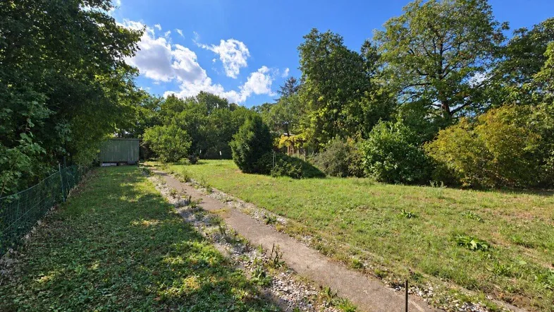 Großer Gartenbereich mit Rasenfläche, Bäumen und einem kleinen Schuppen unter blauem Himmel.