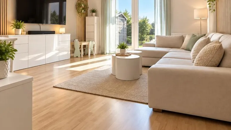 Helles Wohnzimmer mit modernem Sofa, Holzboden und Zugang zu einem Außenbereich.