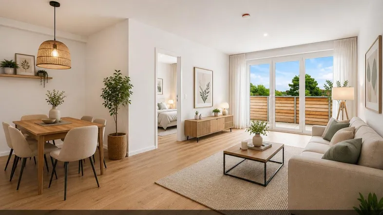 Helles, modern eingerichtetes Wohn- und Esszimmer mit Holzboden und Zugang zum Balkon.