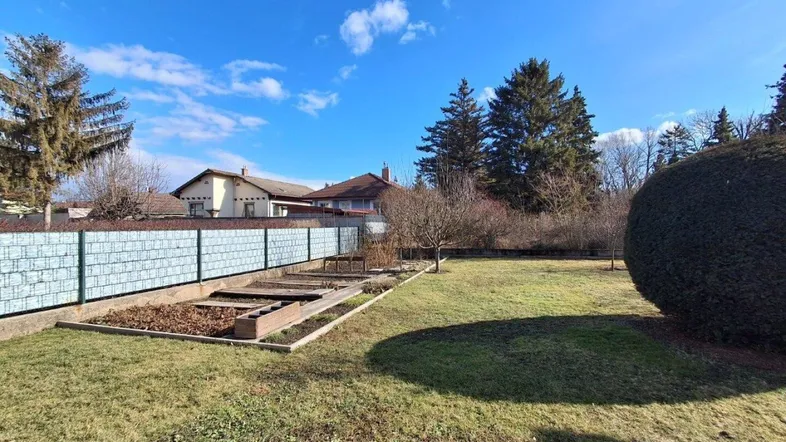 Großer Gartenbereich mit Rasenfläche, Hochbeeten und umzäuntem Grundstück unter blauem Himmel.