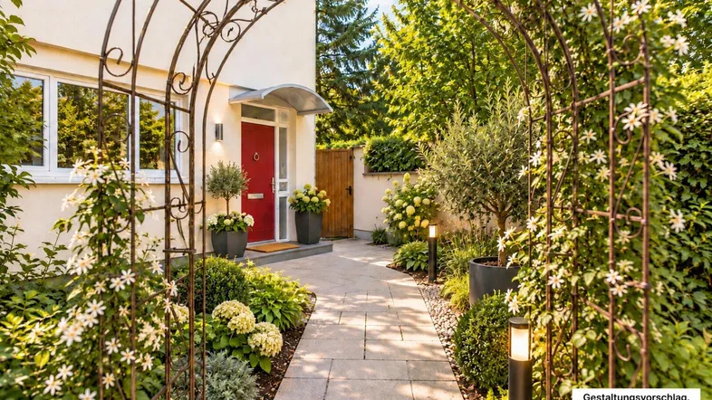 Einladender Eingangsbereich mit gepflegtem Garten, Steinweg und dekorativem Torbogen.